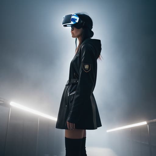  A girl wearing VR glasses in a dark environment. Apply the Following Styles Synthesis hyperrealistic, full body, detailed clothing, highly detailed, cinematic lighting, stunningly beautiful, intricate, sharp focus, f/1. 8, 85mm, (centered image composition), (professionally color graded), ((bright soft diffused light)), volumetric fog, trending on instagram, trending on tumblr, HDR 4K, 8K