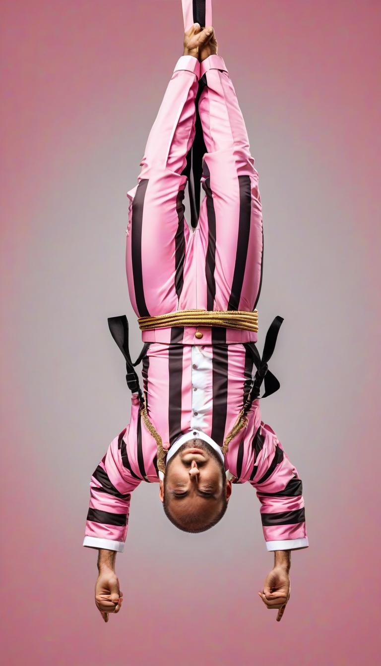  concept art color pink, white, black, gold bound man in striped stack suit, hanging upside down . digital artwork, illustrative, painterly, matte painting, highly detailed, perfect hands