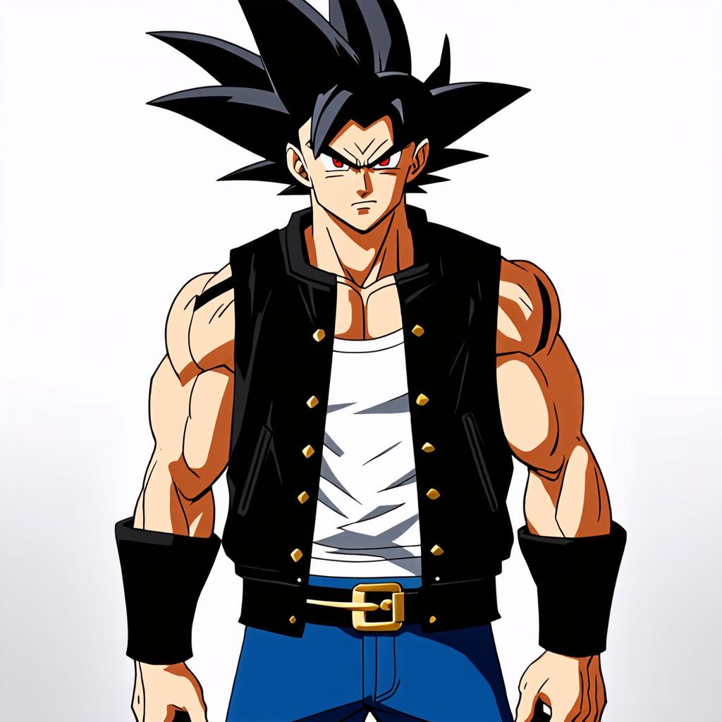  he is a half saiyan, half demon caucasian male with medium long spiky black hair that fades to white. his eyes are a scarlet hue with black pupils. he has a muscular build and an x shaped scar on his right shoulder. he wears a white tank top under a sleeveless black jacket, blue jeans with a gold belt buckle, and black and gold steel toe boots., award winning, professional, highly detailed, masterpiece