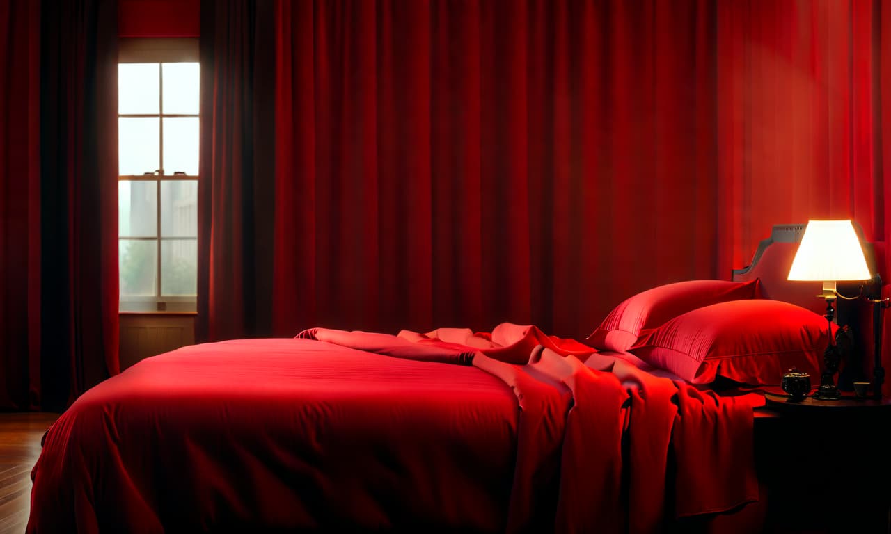  cinematic photo bedroom with large red bed . 35mm photograph, film, bokeh, professional, 4k, highly detailed, perfecteyes, film photography style hyperrealistic, full body, detailed clothing, highly detailed, cinematic lighting, stunningly beautiful, intricate, sharp focus, f/1. 8, 85mm, (centered image composition), (professionally color graded), ((bright soft diffused light)), volumetric fog, trending on instagram, trending on tumblr, HDR 4K, 8K