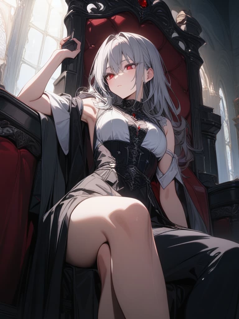  vampires, handsome, gray hair, red eyes, tall, sitting on the throne and shoulder and elbow, looking down, crossing legs, dressing like medieval aristocrats, sewer in the castle, one, man, masterpiece, best quality,8k,ultra detailed,high resolution,an extremely delicate and beautiful,hyper detail