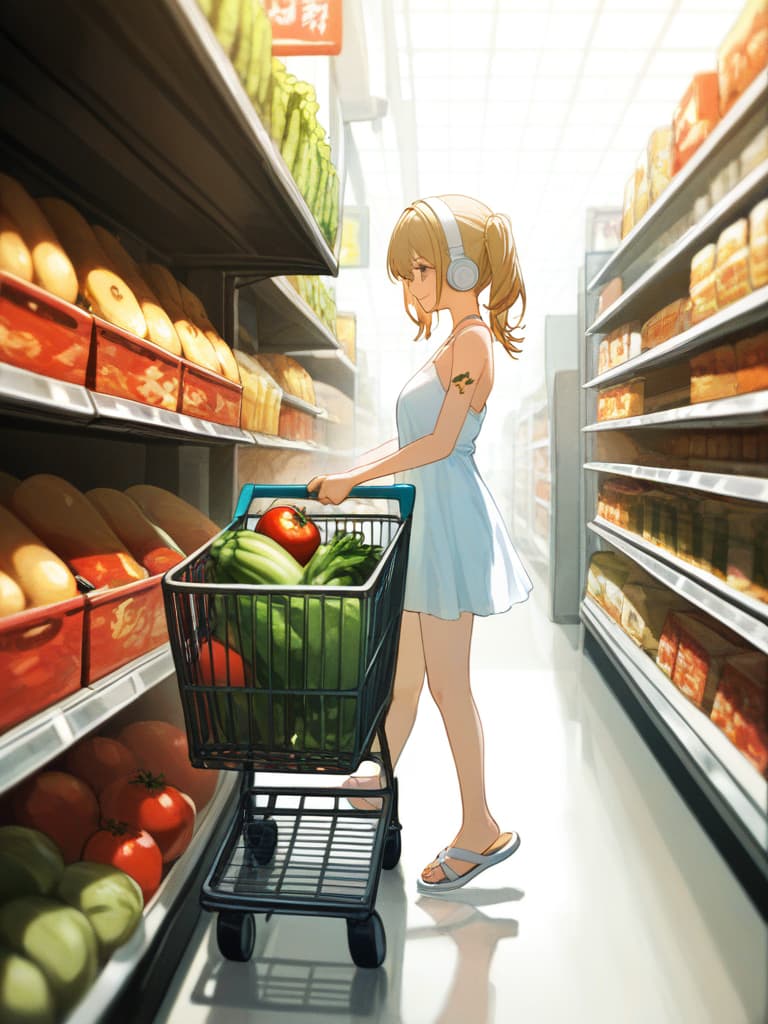  with tomatoes, blonde ponytails, white headphones, snakes on the legs, whole body, walking figure, girls on their arms, girls wearing white dresses, shopping carts, pressing shopping carts, gestures, shopping carts. is contained eggplant and celery, a small wing tattoo on the back, a snake tattoo on the thigh, a snake tattoo on the thigh, a thick bottom sandals., masterpiece, best quality,8k,ultra detailed,high resolution,an extremely delicate and beautiful,hyper detail