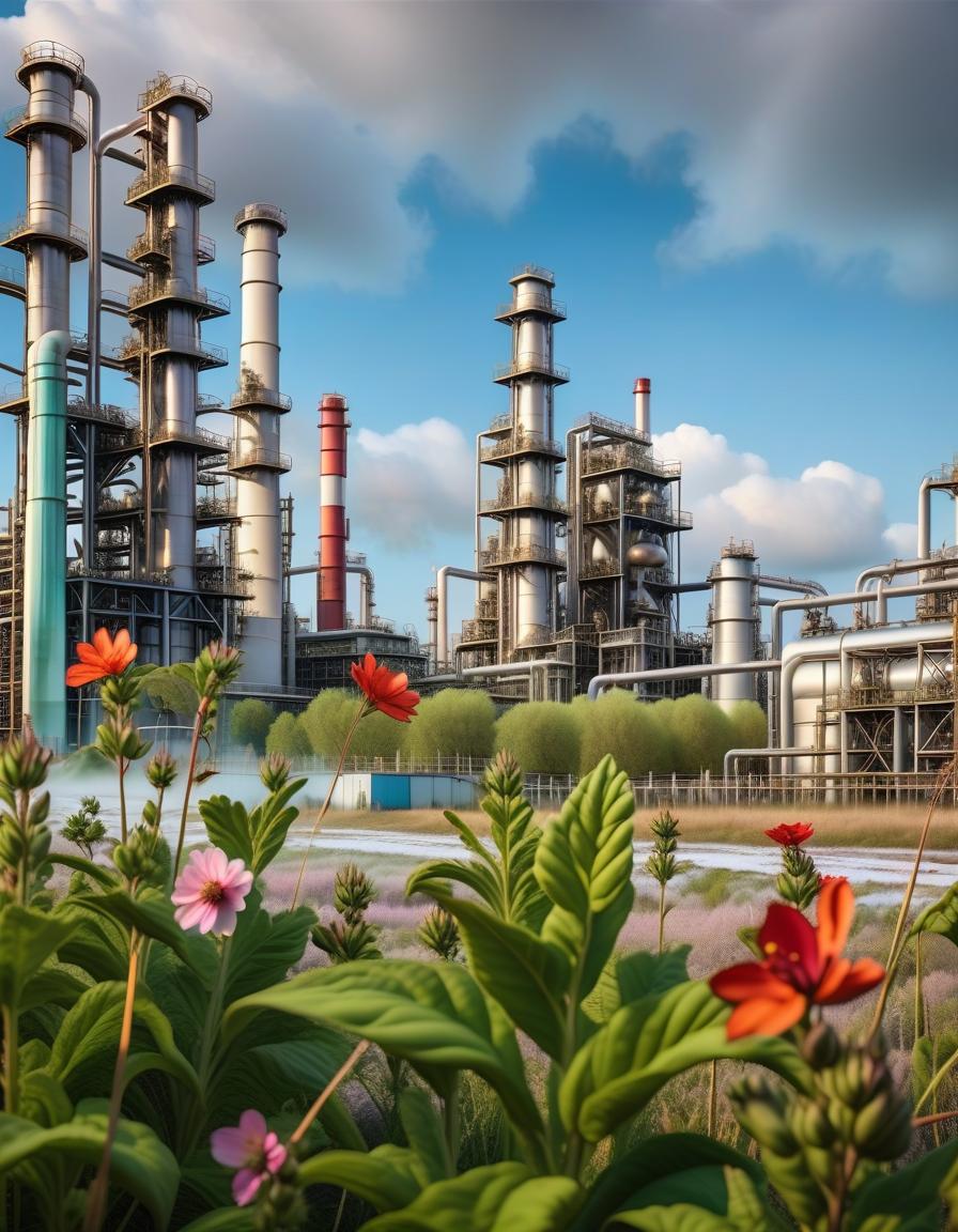  expressionist a clear field against the background of an oil refinery against a clear blue sky . raw, emotional, dynamic, distortion for emotional effect, vibrant, use of unusual colors, detailed hyperrealistic, full body, detailed clothing, highly detailed, cinematic lighting, stunningly beautiful, intricate, sharp focus, f/1. 8, 85mm, (centered image composition), (professionally color graded), ((bright soft diffused light)), volumetric fog, trending on instagram, trending on tumblr, HDR 4K, 8K