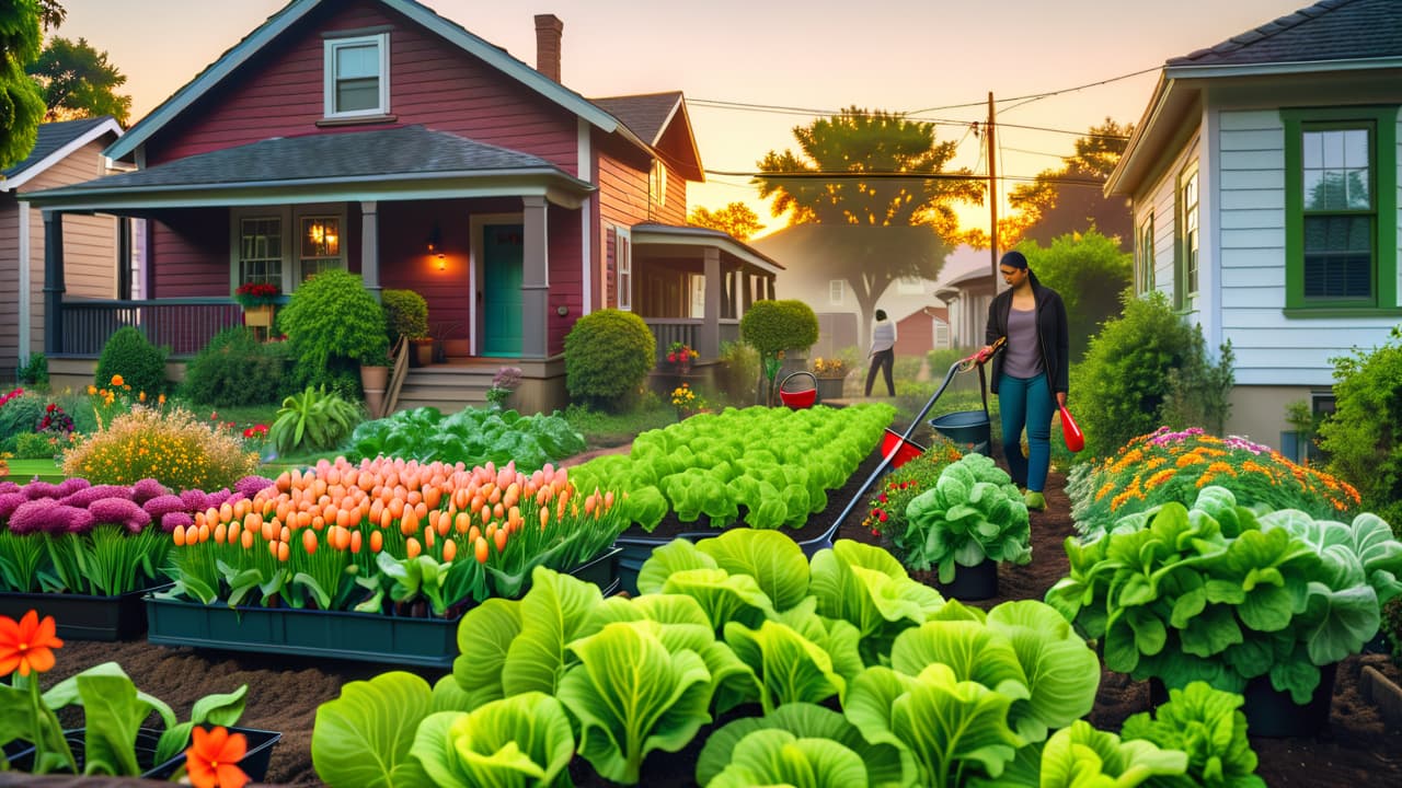  a serene texas urban landscape featuring a diverse family happily gardening in their small yard, surrounded by modest homes, blooming flowers, and vibrant vegetables, embodying the essence of homesteading in an urban setting. hyperrealistic, full body, detailed clothing, highly detailed, cinematic lighting, stunningly beautiful, intricate, sharp focus, f/1. 8, 85mm, (centered image composition), (professionally color graded), ((bright soft diffused light)), volumetric fog, trending on instagram, trending on tumblr, HDR 4K, 8K