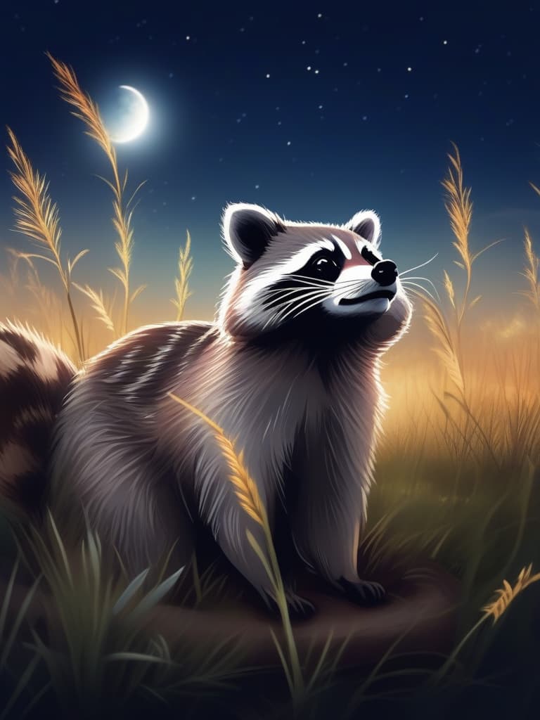  ((looking up at the moon: super cute raccoon)) midnight,full moon,field of silver grass🌾 all over,moon viewing🎑,blur effect,