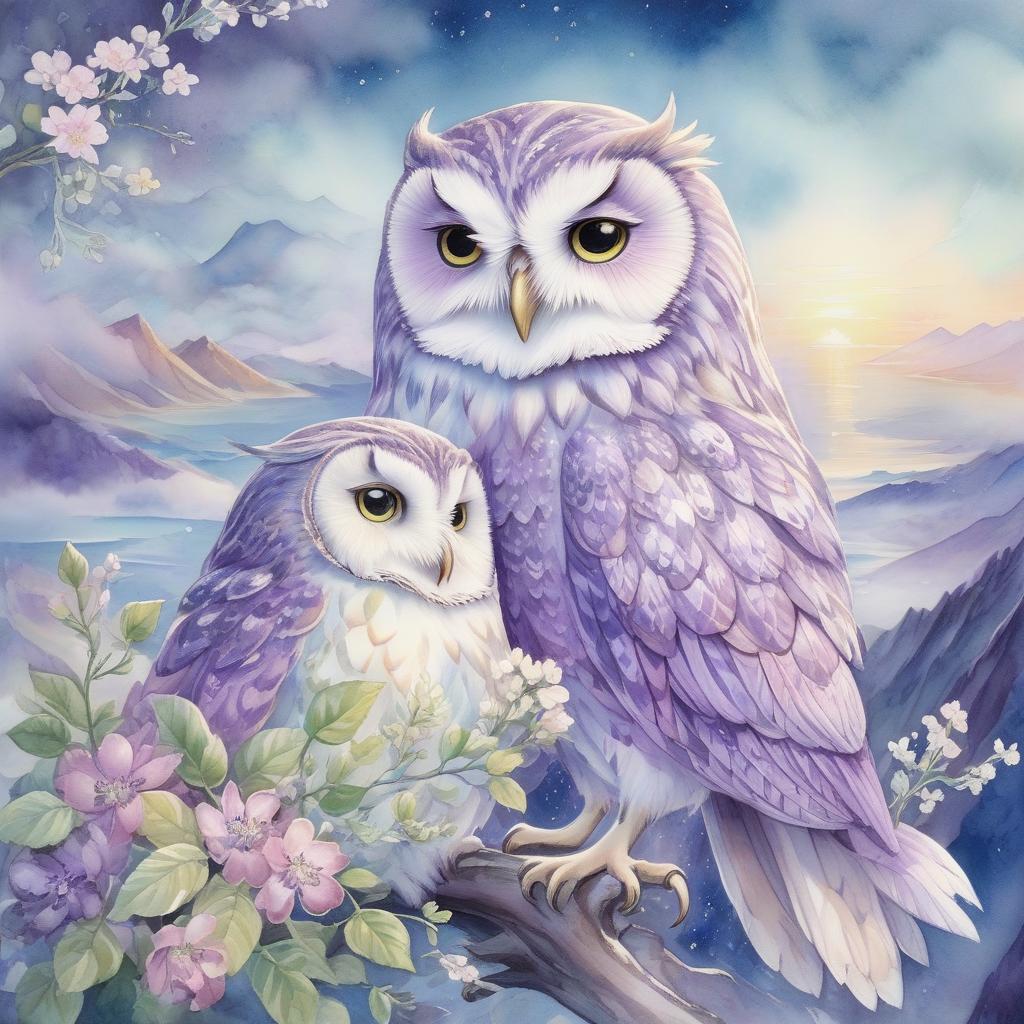  the softness of everything that's peace, beautiful thoughtful owl, anatomically correct, spring's soft sea view, watercolor style of yelena yushina and kaoru yamada, mountains and stalight, windy luminous, silver lighting, dreamy and magical, highly detailed, very soft colors, soft edges, mist. realistic, blossoming, anatomically correct, soft silver violet palette