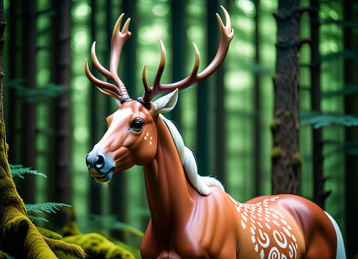  cinematic photo animal, mythical animal, horse with deer horns in full growth, forest, horse, forest spirit animal, forest spirit, patterns, unusual color, full height, stands sideways . 35mm photograph, film, bokeh, professional, 4k, highly detailed