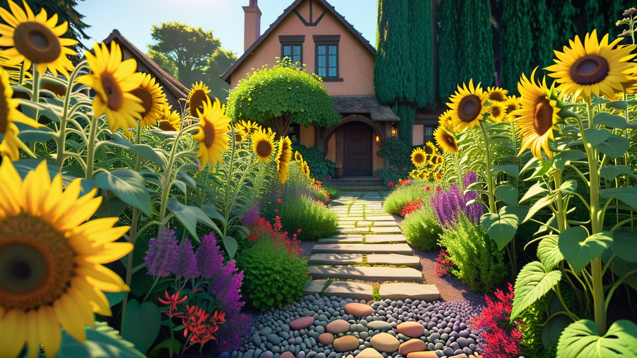  a vibrant garden scene with a variety of plants arranged in layers—tall sunflowers, medium lavender, and low creeping thyme. include pathways of pebbles weaving through colorful flower beds, surrounded by lush greenery. hyperrealistic, full body, detailed clothing, highly detailed, cinematic lighting, stunningly beautiful, intricate, sharp focus, f/1. 8, 85mm, (centered image composition), (professionally color graded), ((bright soft diffused light)), volumetric fog, trending on instagram, trending on tumblr, HDR 4K, 8K