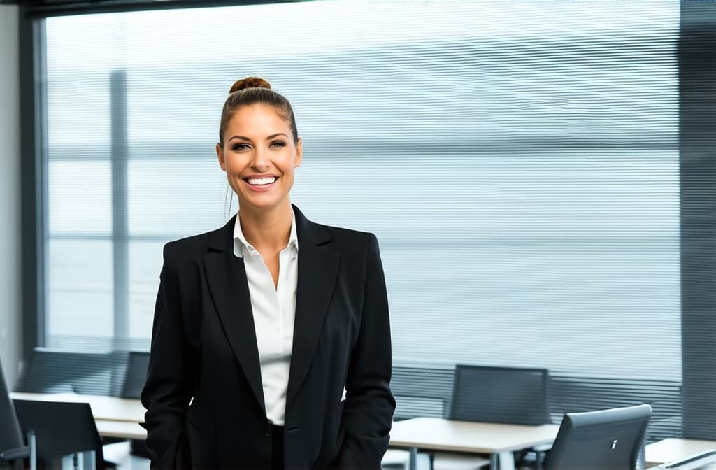  professional detailed photography, portrait of smiling businesswoman with tied up hair standing in open plan office. happy female professional executive manager, financial banking or marketing data. ar 3:2, (muted colors, dim colors, soothing tones), (vsco:0.3)