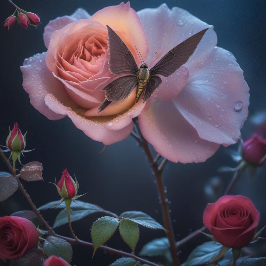  The Nightingale on the rose hyperrealistic, full body, detailed clothing, highly detailed, cinematic lighting, stunningly beautiful, intricate, sharp focus, f/1. 8, 85mm, (centered image composition), (professionally color graded), ((bright soft diffused light)), volumetric fog, trending on instagram, trending on tumblr, HDR 4K, 8K