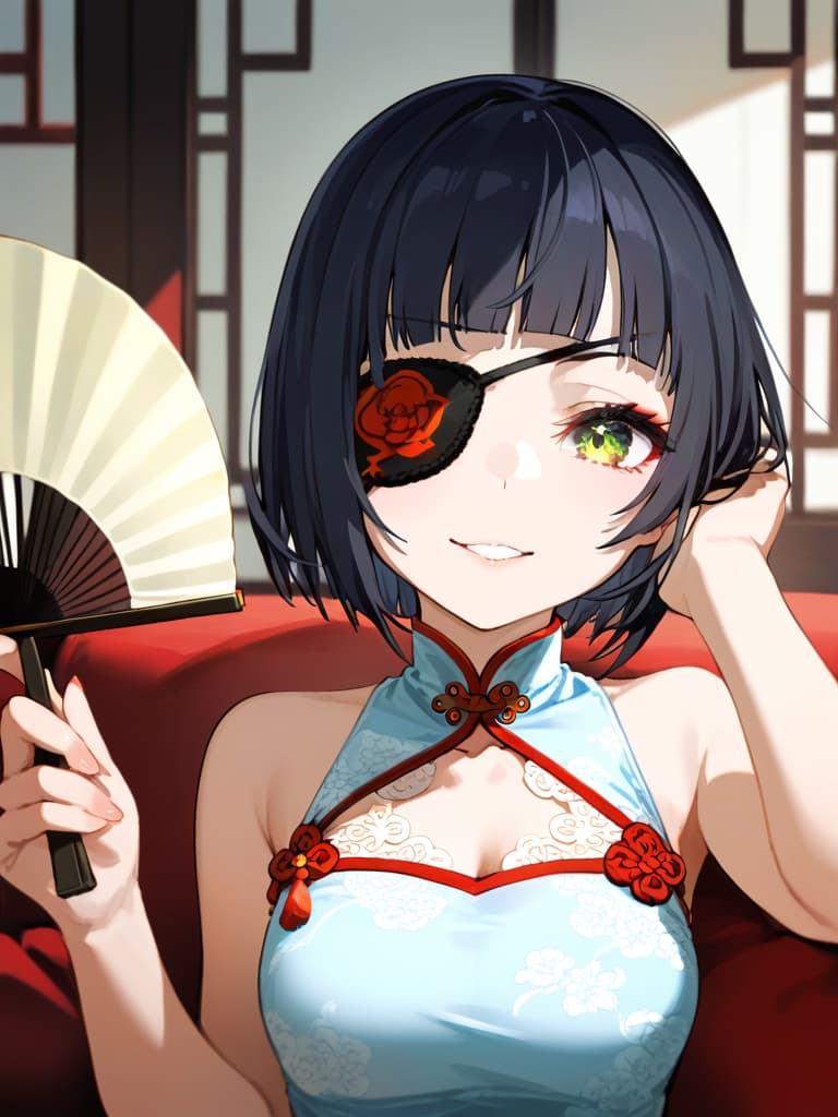  ultra detailed:1.2,masterpiece:1.2,best quality,masterpiece,bestquality,hdr:1.1,8k:1.1,very cute girl:1.3,(black hair,bob cut,long hair,blunt bangs:1.4),((white china dress,japonica pattern:1.5)),(chinaese makeup:1.6),((redrose object eyepatch:1.6))(seductive smile:1.3),(sitting couch:1.3)((cross legs:1.3)),(head rest:1.3),(holding open handfan:1.7)(upper body,face focus:1.4)