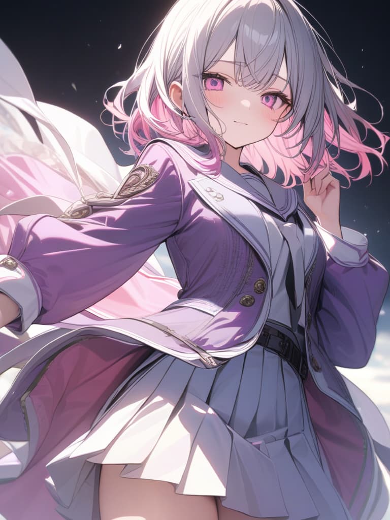  girls, white hair, pink, pink gradation hair color, cute face, purple sailor suit, pleated skirt, pink eyes, medium hair, masterpiece, best quality,8k,ultra detailed,high resolution,an extremely delicate and beautiful,hyper detail