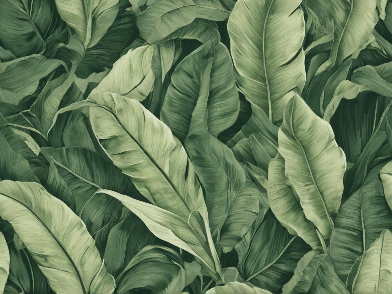  minimalism, this image features individual banana leaves, each illustrated with fine detail, highlighting their unique textures and curvature. the leaves vary in shape—some are elongated and smooth, while others appear to be slightly curled or frayed, possibly indicating different stages of growth or wear. the color palette ranges from bright, fresh greens to deeper, more mature hues, giving a realistic, dynamic representation of the plant’s natural beauty. each leaf carries its own distinct form, emphasizing their organic and fluid shapes., abstract, simple geometic shapes, hard edges, sleek contours, minimalism