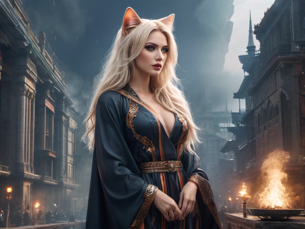  man, science fiction, blonde hair, mage robes, cat ears. high dynamic range, vivid, rich details, clear shadows and highlights, realistic, intense, enhanced contrast, highly detailed, oil painting hyperrealistic, full body, detailed clothing, highly detailed, cinematic lighting, intricate, sharp focus, f/1. 8, 85mm, (centered image composition), (professionally color graded), ((bright soft diffused light)), volumetric fog, trending on instagram, trending on tumblr, hdr 4k, 8k hyperrealistic, full body, detailed clothing, highly detailed, cinematic lighting, stunningly beautiful, intricate, sharp focus, f/1. 8, 85mm, (centered image composition), (professionally color graded), ((bright soft diffused light)), volumetric fog, trending on instagram, trending on tumblr, HDR 4K, 8K