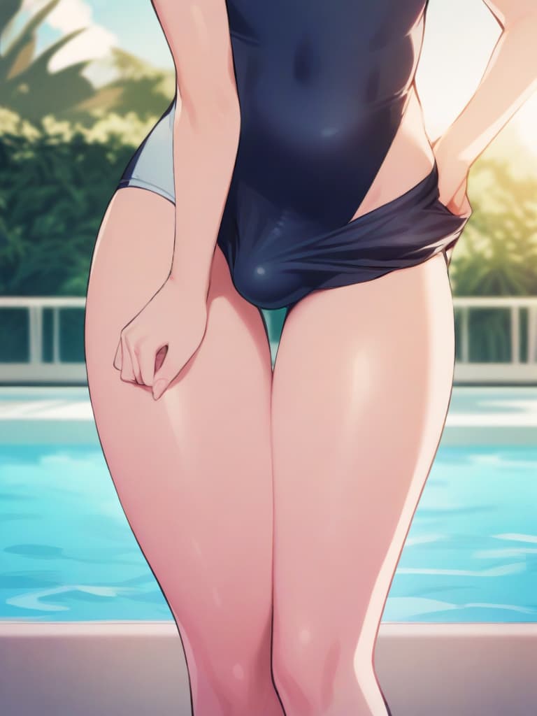  junior s, twin tails, cute smiles, swimwear, s with chin (lower body s), , man (bulge,), whole body, pool side,