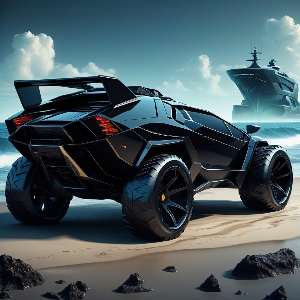  nautical themed retro futuristic, black, brutal suv, externally reminiscent of the lamborghini countach. . sea, ocean, ships, maritime, beach, marine life, highly detailed