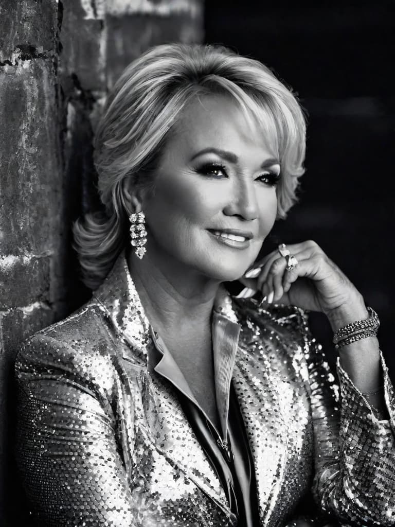  A younger country singer Tanya Tucker, medium shot, upper body, spotlight, long exposure lighting, street art style spray paint, glamour lighting