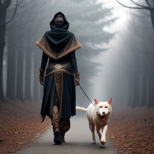  an african male with dreadlocks wearing a dark hooded cloak, walking a naked woman on a leash as she is walking on all fours hyperrealistic, full body, detailed clothing, highly detailed, cinematic lighting, stunningly beautiful, intricate, sharp focus, f/1. 8, 85mm, (centered image composition), (professionally color graded), ((bright soft diffused light)), volumetric fog, trending on instagram, trending on tumblr, HDR 4K, 8K