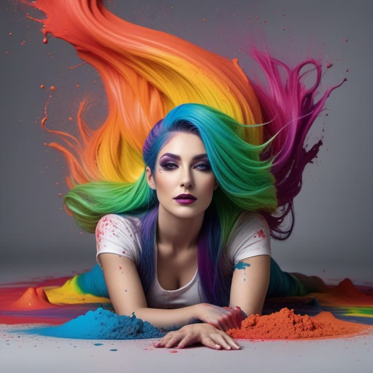  photo of a beautiful goth girl with thick flowing (liquid paint rainbow hair:1.1) laying on her back made of paint and defies gravity, from above, highly detailed, intricate, amazing, trending, paint splatter, paint drops <lora:sdxlpaintsplash:0.7> colorsplash 8k, high quality, photo hyperrealistic, full body, detailed clothing, highly detailed, cinematic lighting, stunningly beautiful, intricate, sharp focus, f/1. 8, 85mm, (centered image composition), (professionally color graded), ((bright soft diffused light)), volumetric fog, trending on instagram, trending on tumblr, HDR 4K, 8K