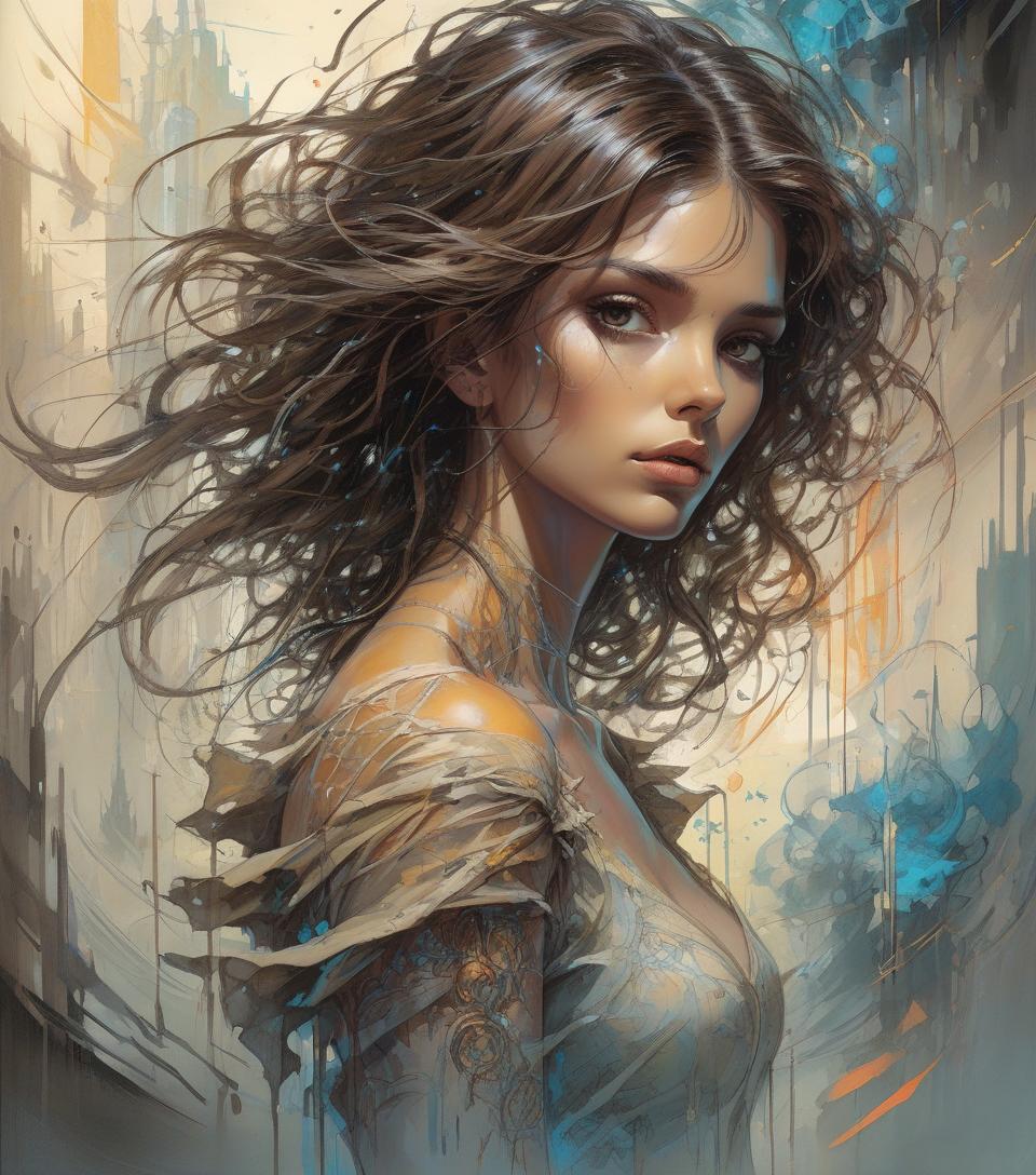  a beautiful girl, dark brown eyes, messy shoulder length hair, in a surreal and fantastical setting, combining the artistic styles of jose royo, boris vallejo, julie bell, carne griffiths and brian froud, precise anatomy, with a centered symmetrical composition , double exposure, volumetric lighting, detailed ink splashes, art deco style, comic book style art, vector, line art, rays, bright color highlights