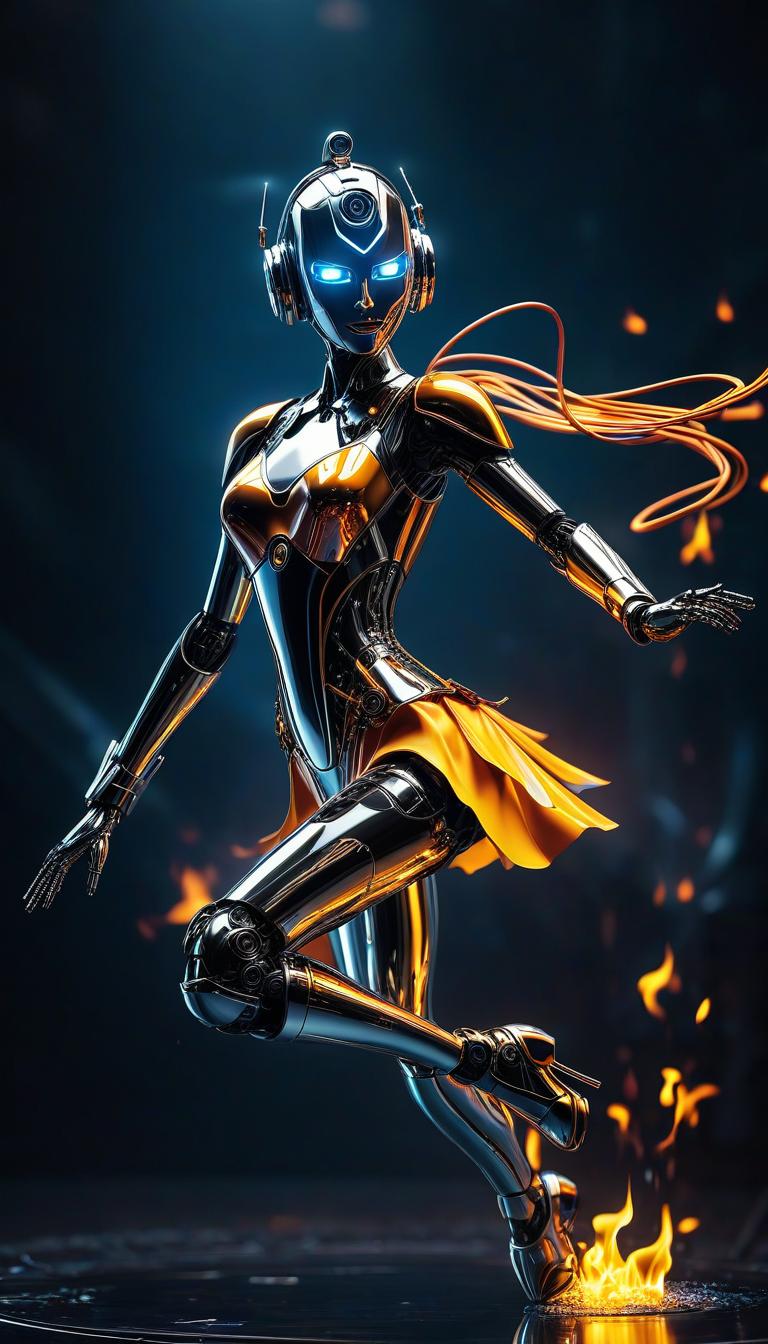  cybernetic robot a ballerina robot dances in a flame of liquid glass. . android, ai, machine, metal, wires, tech, futuristic, highly detailed, civitai, hkmagic