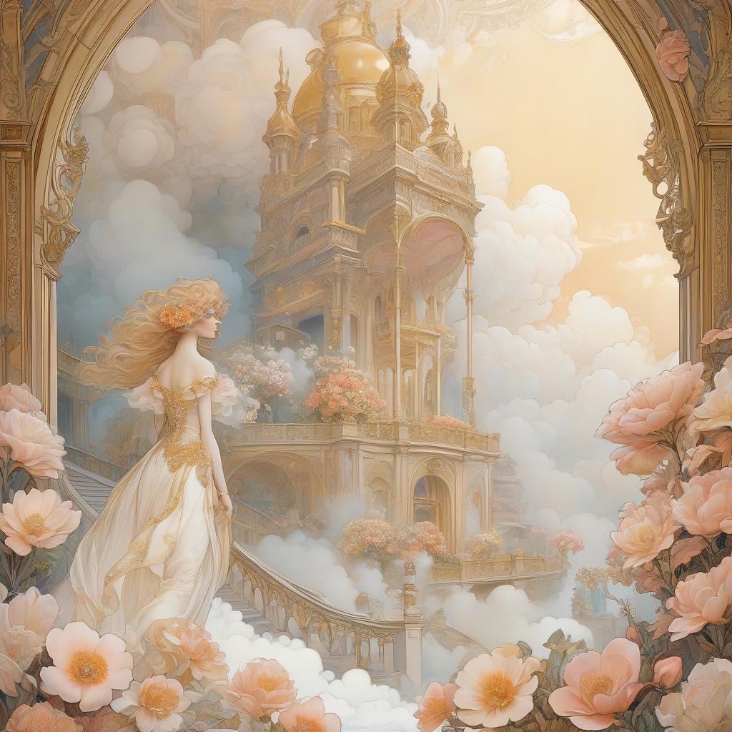  fog city. golden city. a large palace surrounded by clouds. coloring book. flowers. pearls. luminous pearls. alfonso mucha, honoré fargonard, edward gow, andrew jones.