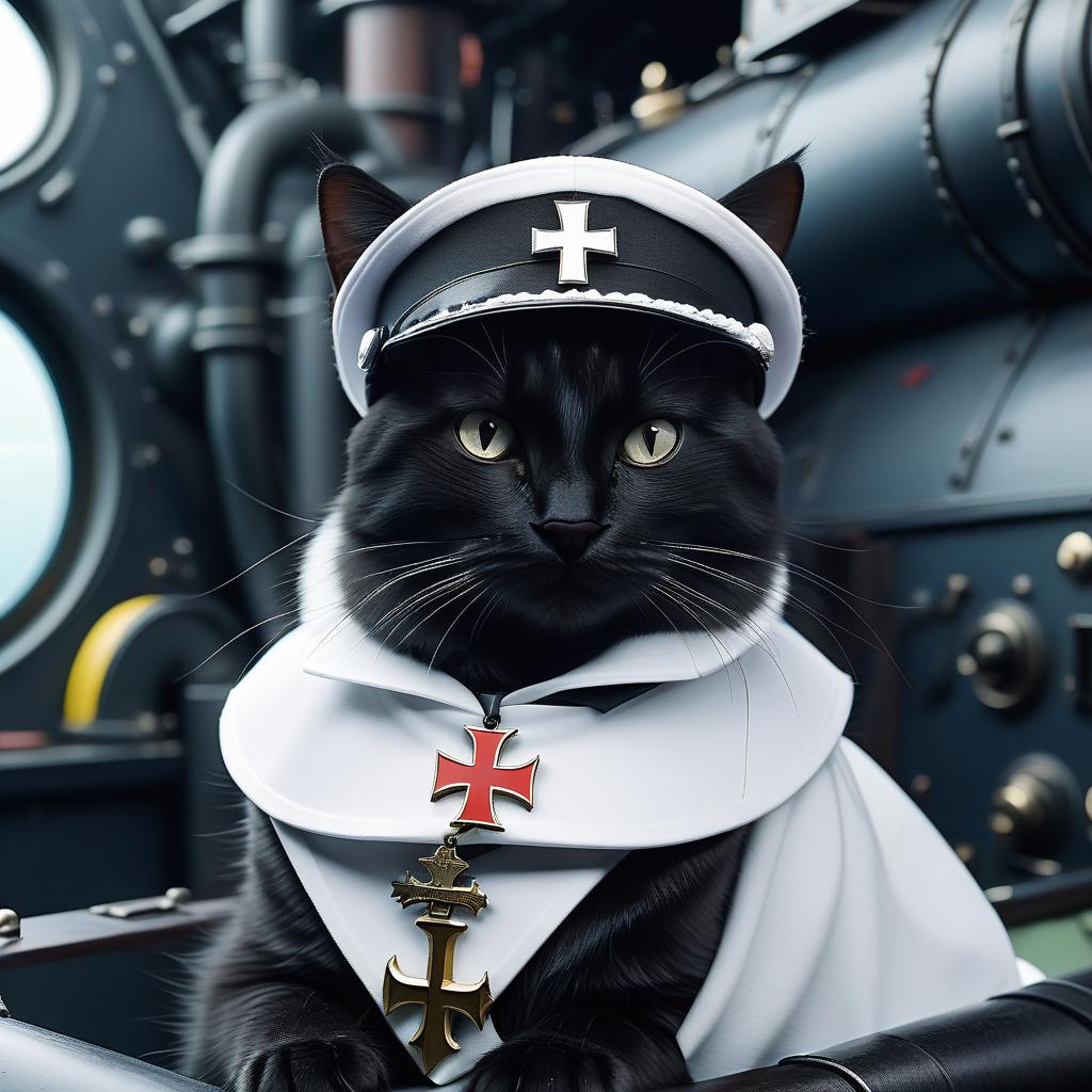  furry black cat with a german knightly cross, in a white cap, in a submarine