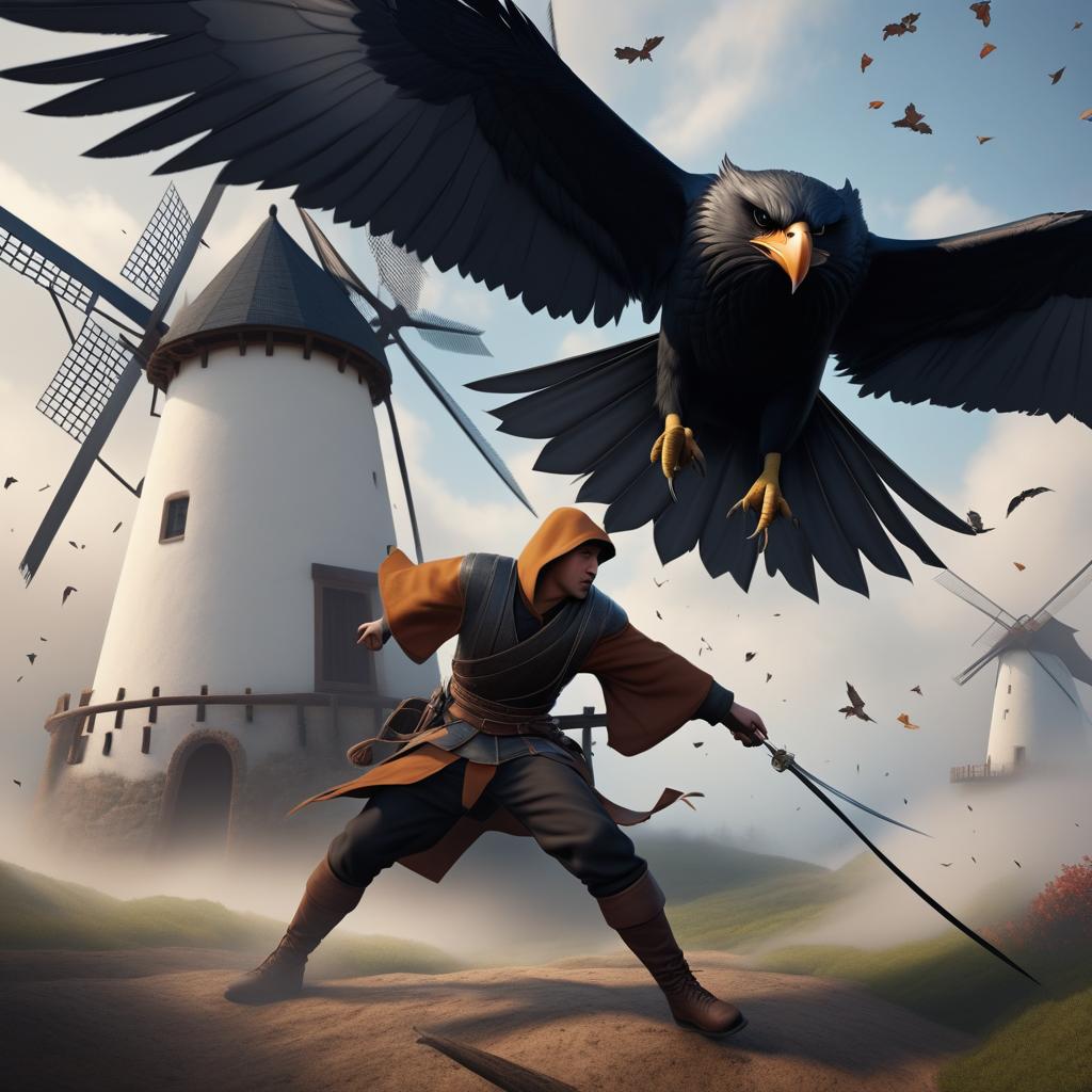  a monk, a bard and a ranger being attacked by ravens near a windmill photo realistic, highly intricate and detailed, masterpiece, ultra high res,photography,8k resolution