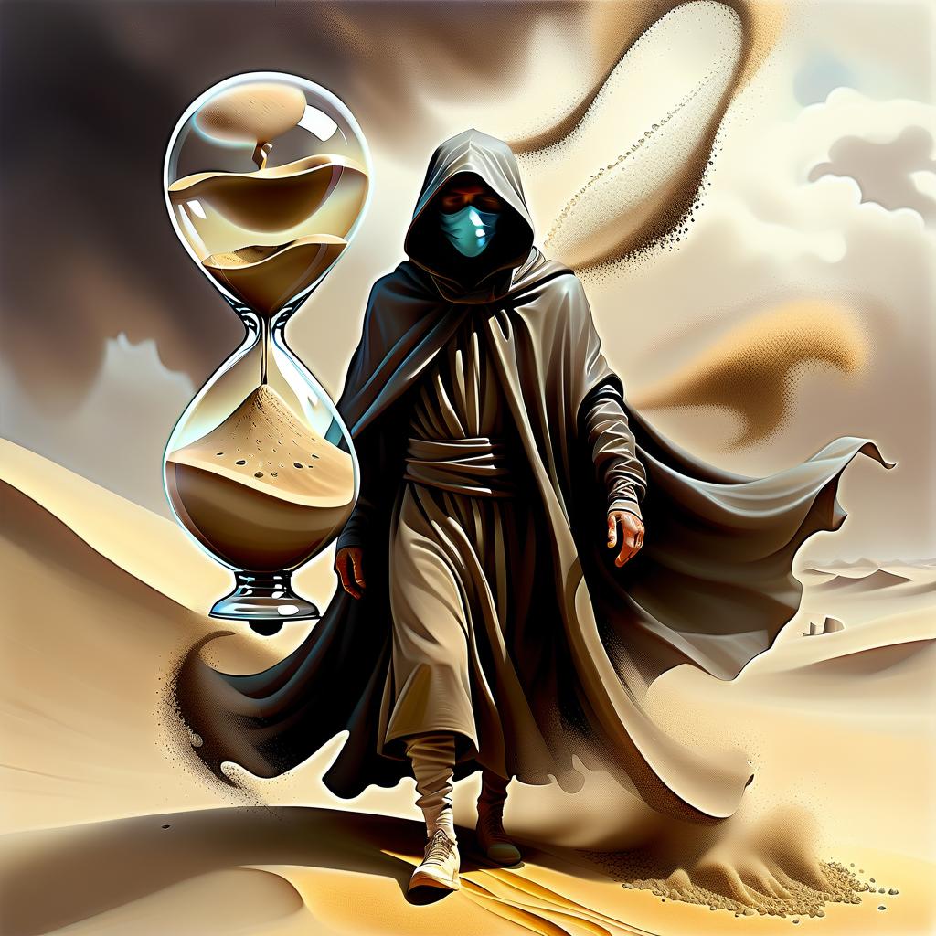  hyperrealistic art (double exposure surreal painting:1.3), (mysterious figure:1.2) of a (wanderer:1.3) dissolving in a (sandstorm:1.2), wrapped in a (flowing cloak:1.2) with a (masked face:1.1). behind him, a (giant hourglass:1.3) looms, its glass reflecting the (chaotic grains of sand:1.2) swirling around. the wanderer's features blend seamlessly with the (flying sand:1.3), creating a (dynamic fusion:1.2) of elements. the use of a (palette knife:1.2) adds (bold textures:1.3) and (expressive strokes:1.1), while the (desaturated tones:1.2) evoke a (dreamlike atmosphere:1.3). this multi layered surrealism composition captures the essence of (dark fantasy:1.2), embodying a (masterpiece:1.3) of splash art. . extremely high resolution details, p