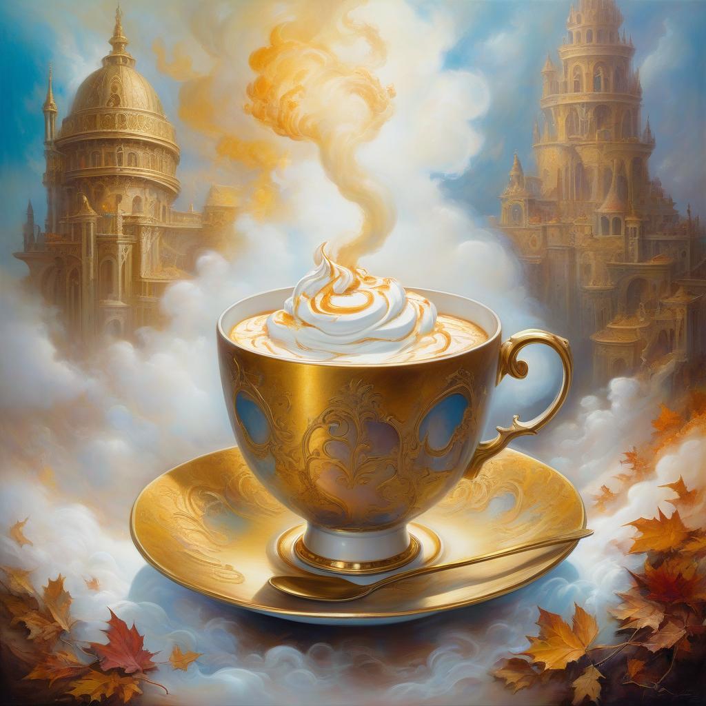  oil painting. highly detailed image with double exposure and layering of textures. distant plan. white coffee cup, appetising coffee:: topping, whipped cream. steam from the cup. pastel coloured background: surrealist abstractionism. emerging from the steam are light thin floral patterns, autumn themed drawings. thin golden patterns of mysticism and magic:: frame, vignette. contrast of bright cup and muted background colours. stylistics: neorococo, fantasy abstraction, surrealism, mystery. in the manner of andrew jones, fragonard, jacek jerka, mark keatley, james christensen. high quality.