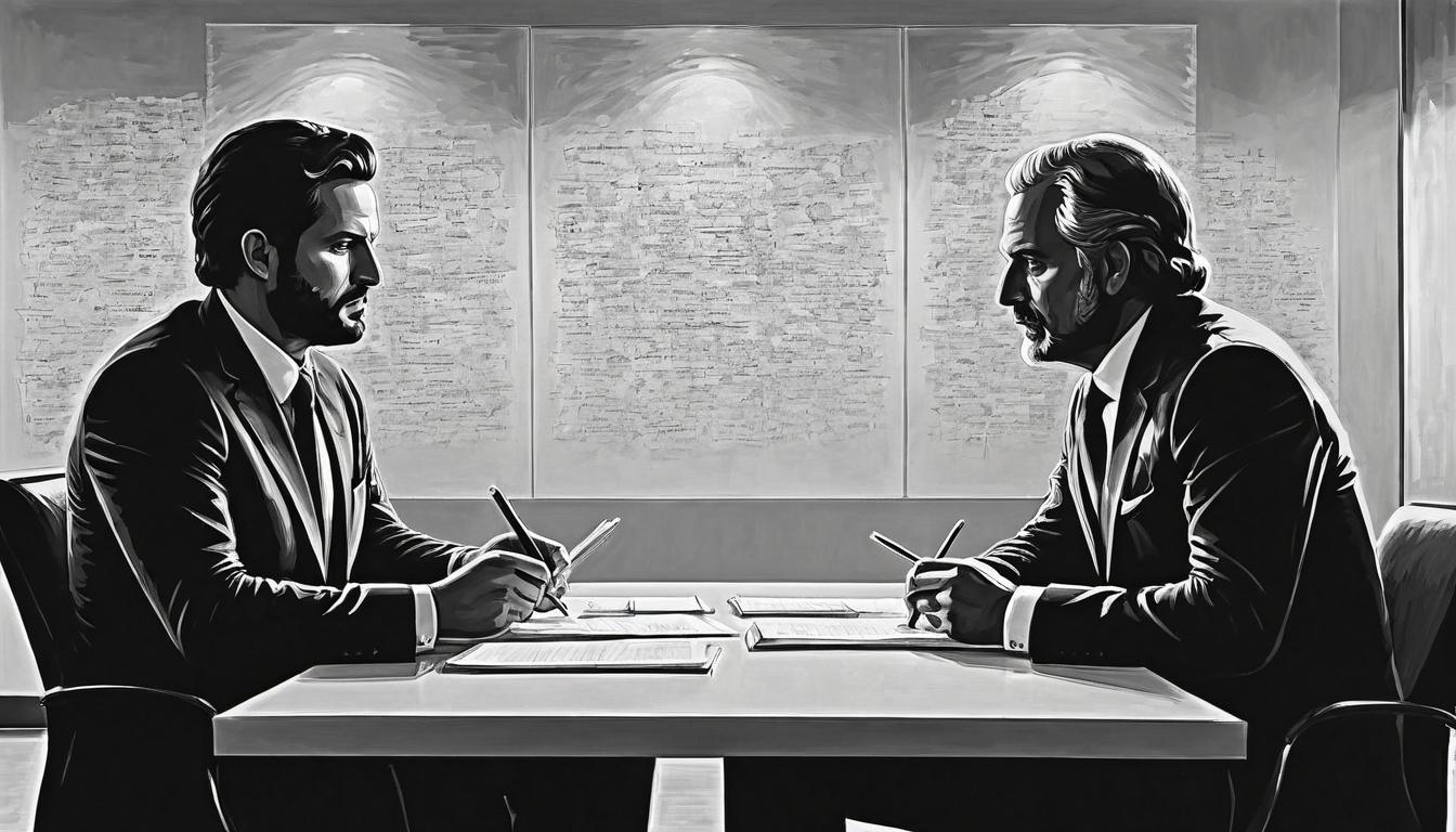  （surrealism)two figures in a conference room, one presenting confidently while the other prepares notes subtly undermining, expressions of hidden agendas, modern decor, atmosphere of ambition, covert rivalry mystic, intricate details, best quality)