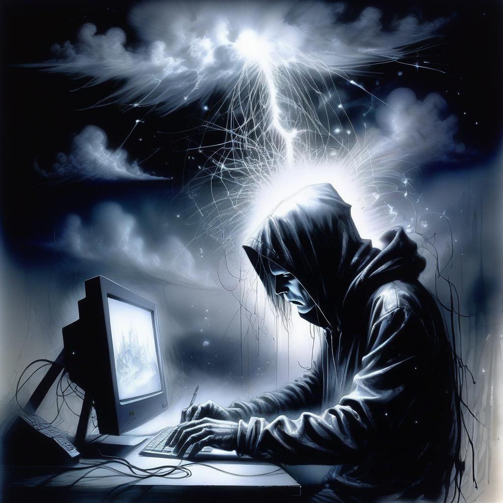  (ink sketch:1.2), (art by stephen gammell:1.4), of a dark ofice, man working at the computer, hacker in a jacket with a hood, beautiful mysterious clouds, in a magical world, illuminated by a silvery glow. on a dark background of complex texture: stars, silver dust, abstract electric sparks, neon flashes and mystical glow. high contrast of the drawing and background. surrealism, fantasy with elements of modernity. high detail, high quality, 8k