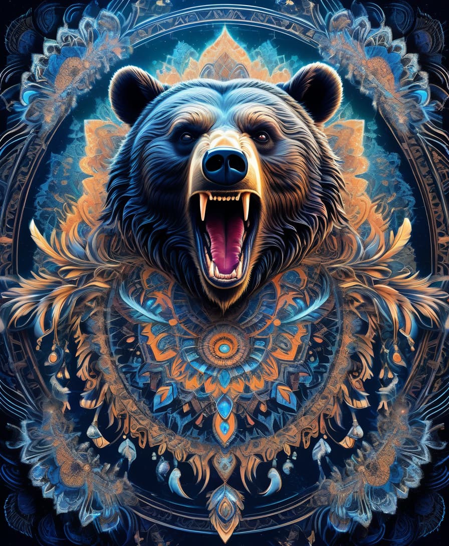  expressionist masterpiece, hdr 8k, digital image. conceptual art. (a bear with a bared mouth full of sharp fangs, appearing in ancient russian ethnic ornaments that make up a symmetrical mandala consisting of an endless forest, a wide flowing river and majestic mountains, the mandala is decorated with a fantastic ice pattern). abstract elements: crystals, beads, feathers. the effect of dissolving the natural shades of fur in sky waves. filigree finishes, mysterious neon glowing accents, intricate. stylization. neo rococo style. stylish, dynamic, atmospheric. background dissolving abstract patterns in the space:: vignetting:: complex ethnic ornament. mystery, fantasy surrealism. high detail. high quality. hdr. . raw, emotional, dynamic, di