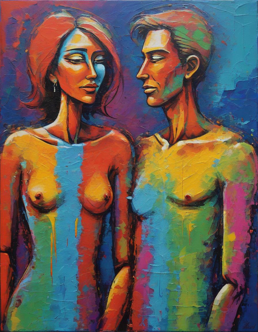  couple, textured acrylic on raw canvas, bright vivid colors