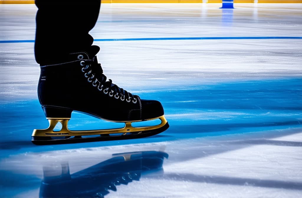  close up of male legs in skates on rink with reflection ar 3:2 {prompt}, maximum details