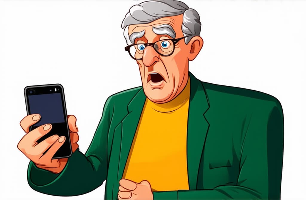  shocked surprised senior man using smartphone isolated on white background, funny cartoon illustration ar 3:2 {prompt}, maximum details