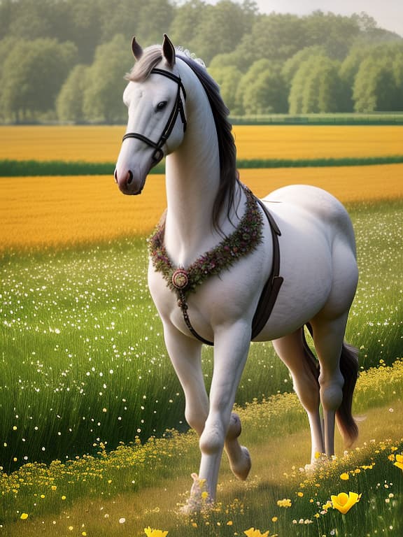  realistic stately horse strolls through the morning flower meadow, full length, cute , furry , expressive , by seth casteel , carli davidson , rachael hale mckenna, kaylee greer, sophie gamand