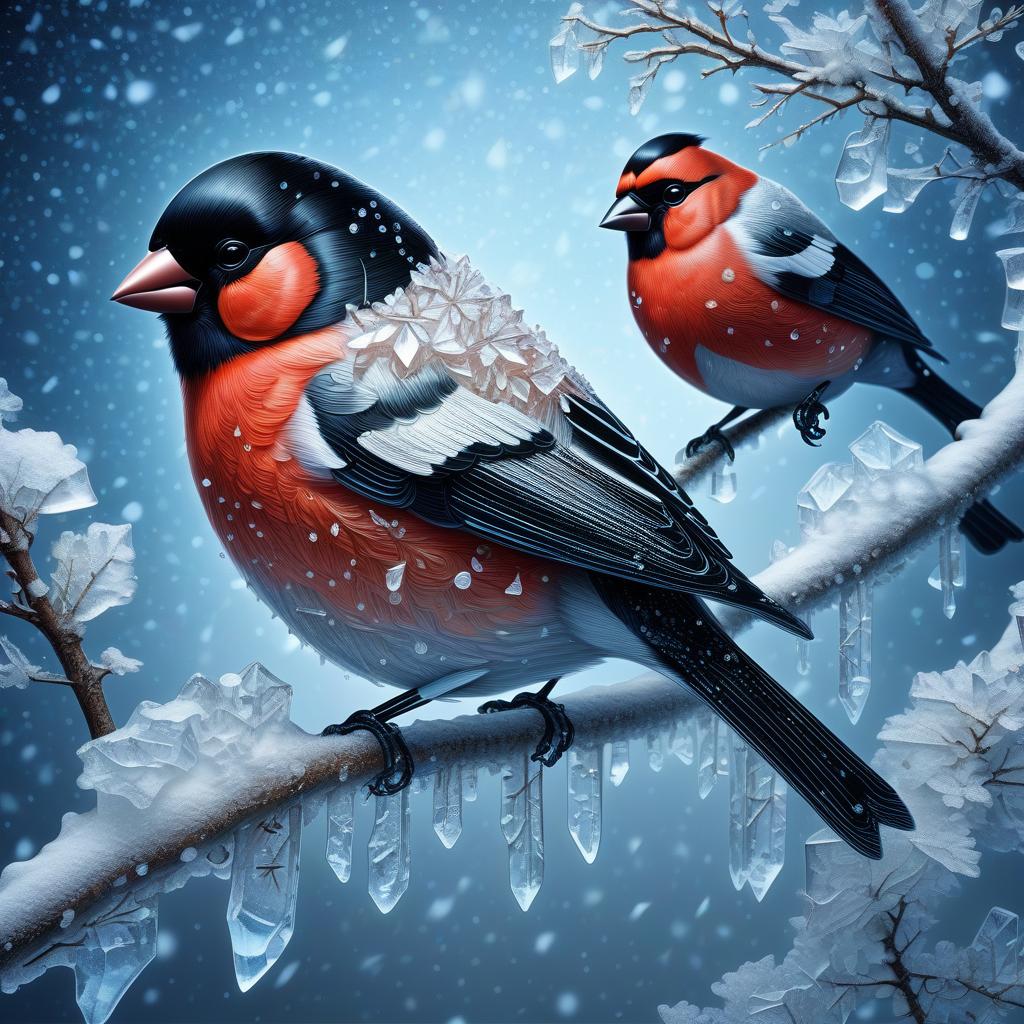  surreal art depicting a phantasmagoric bullfinch made of ice crystals sitting on a branch against a backdrop of snowfall. by kim jung gi, intricate details, vibrant colors, cinematic lights and shadows, epic realistic, 8k, hdr, best quality masterpiece.