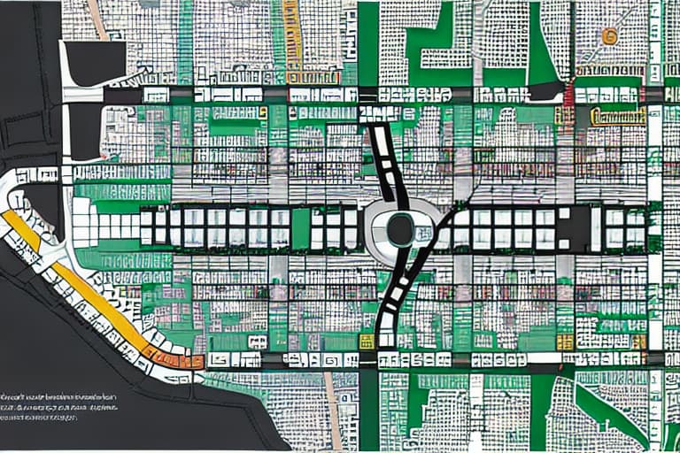  Create a blank road map of Gotham City with: - Roads, highways, and alleys - Empty spaces for buildings and landmarks - Basic road features like streetlights and crosswalks Leave the building spaces blank for customization.