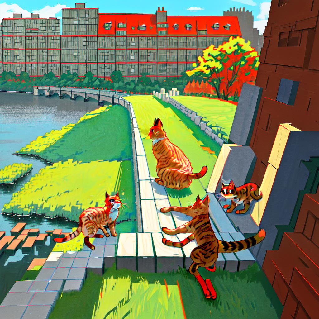  masterpiece, best quality, shaggy light-red cat with green eyes, in the background a panorama of a residential area with blocks of flats and a green park, above it a blue-gray sky, realistic illustration, high resolution