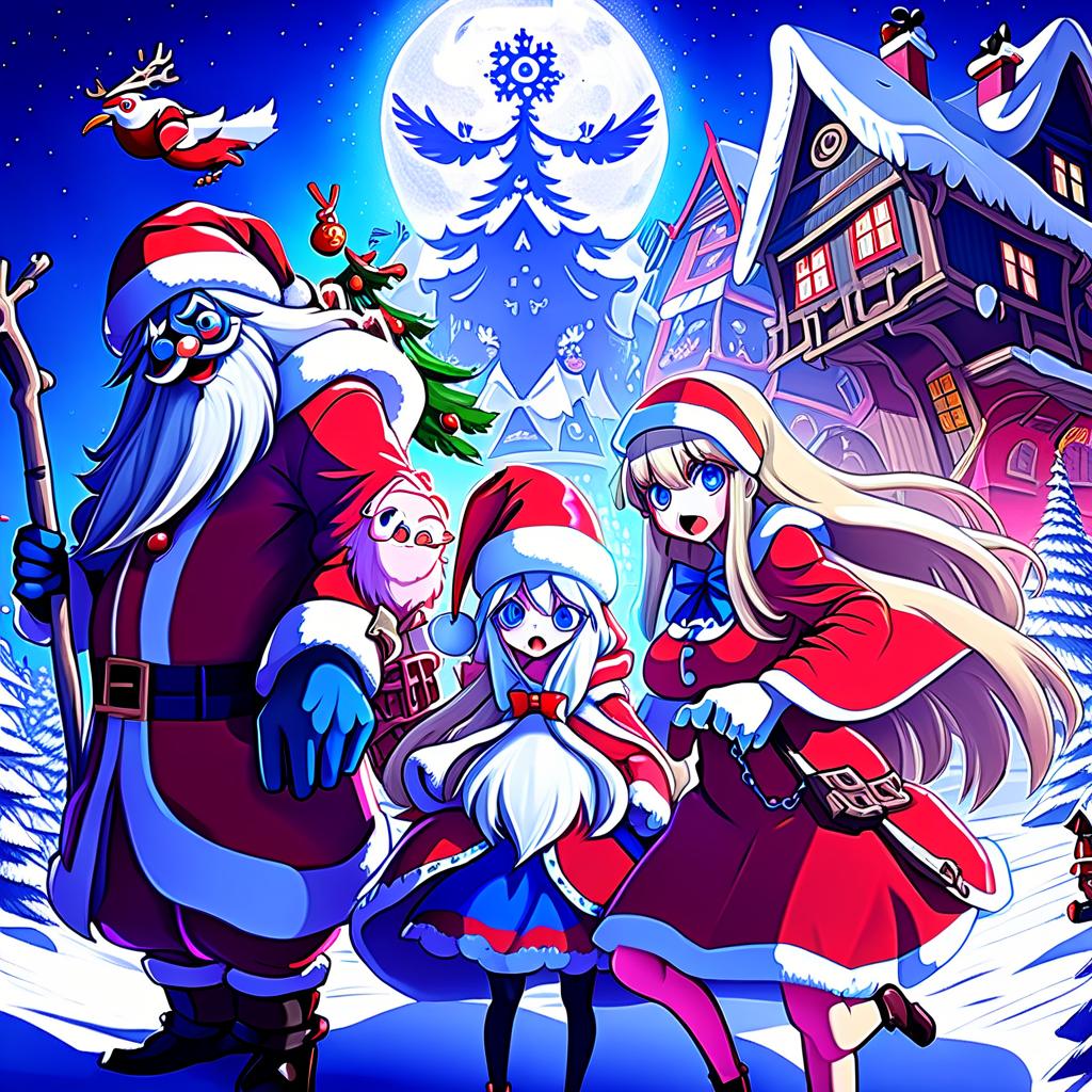  anime artwork baba yaga, santa claus and the snow maiden . anime style, key visual, vibrant, studio anime, highly detailed