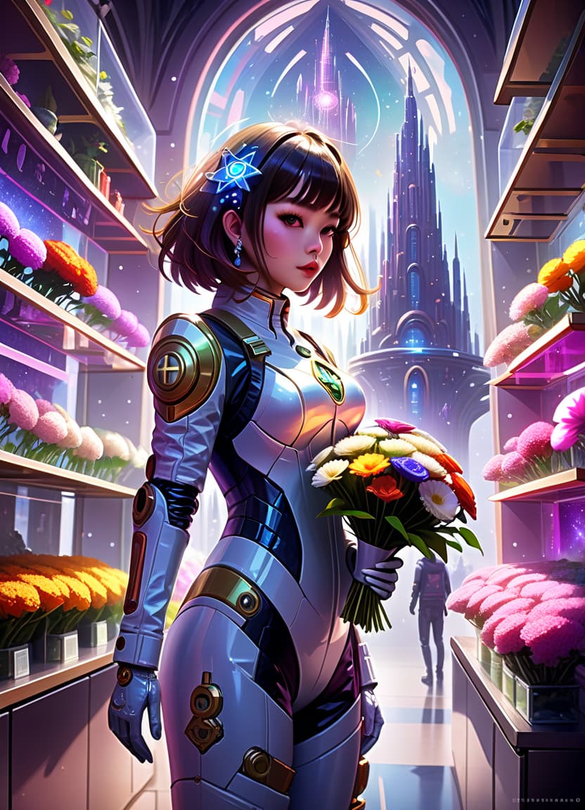  (art by style of ross tran:1.2): space flower shop, seller in spacesuit, flower bouquets covered with glass caps, against the backdrop of the magic tower, against a backdrop of shelves with bouquets under glass caps, sci fi abstract art, multicolore, (frame with intricate thin celtik magical symbol ornamentation:1.4) :: (thin: 1,3) lines,, civitai