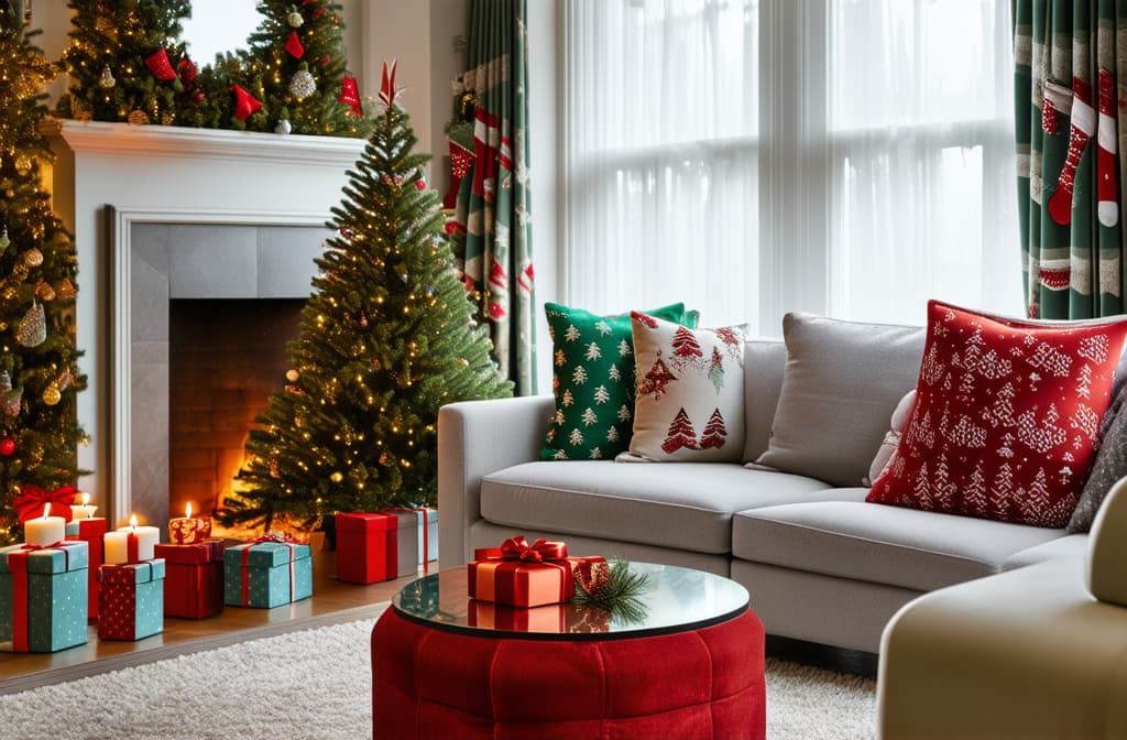  professional detailed photography, bright living room with a sofa, christmas patterned pillows, a decorated christmas tree with gifts, a fireplace with gift socks and candles. ar 3:2, (muted colors, dim colors, soothing tones), (vsco:0.3)