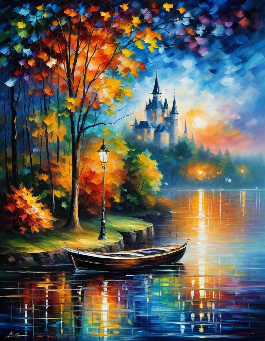  nautical themed (style of leonid afremov:1.5), oil palette knife painting, canvas, autumn landscape, forest, castle, falling autumn leaves, fantasy, muted shades of colors, gothic aesthetic, beautiful, blue hour, impessionism . sea, ocean, ships, maritime, beach, marine life, highly detailed