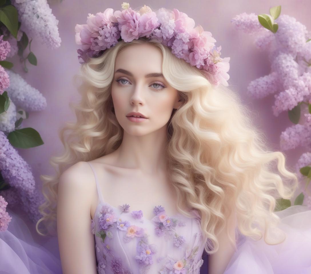  a woman with long curly hair adorned with a floral wreath, dressed in a lilac gown, is set against a soft, floral background. a beautiful white woman with blond hair hanging down wearing a vaporous bright lilac tuille and silk dress. and pink flower headpiece