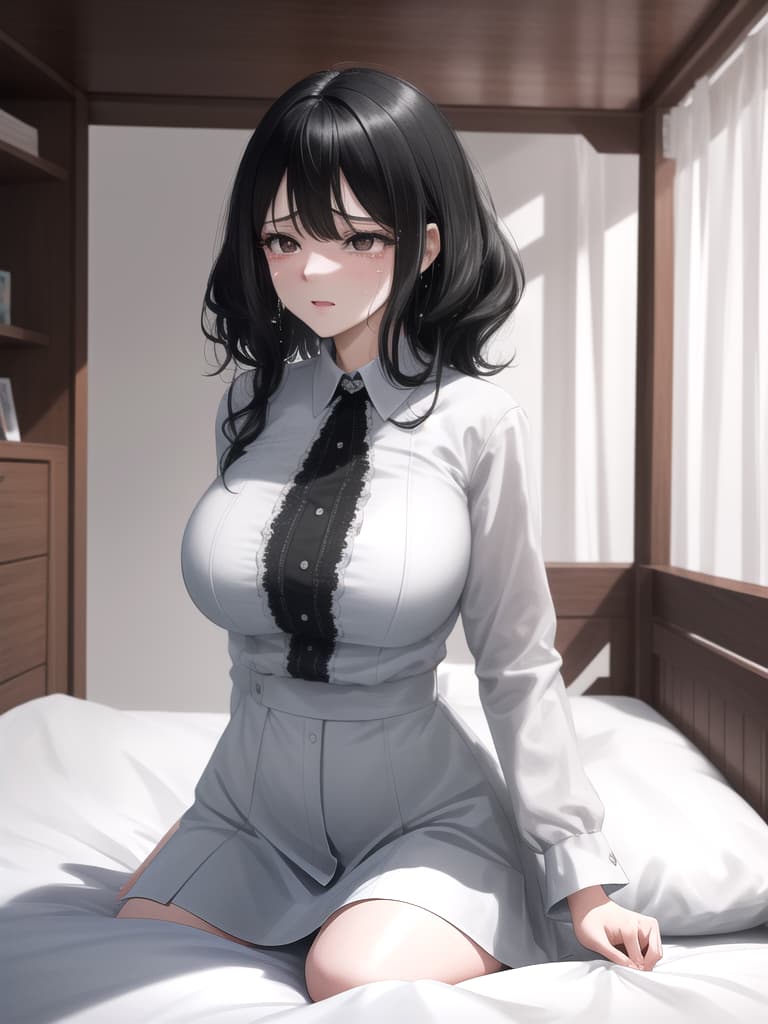  Big breasts, crying, on the bed, excluding the system,, black hair, masterpiece, best quality,8k,ultra detailed,high resolution,an extremely delicate and beautiful,hyper detail