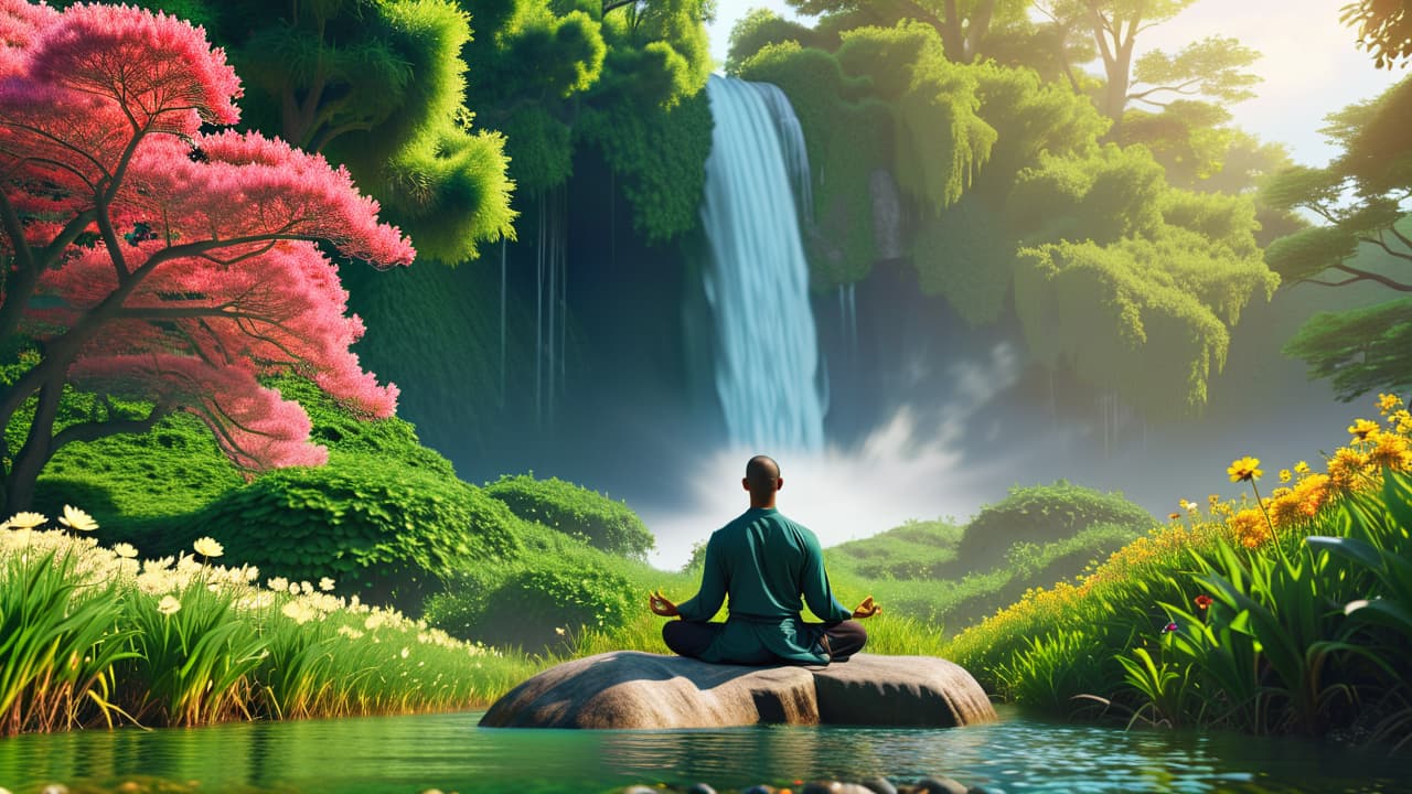  a serene landscape featuring a person meditating in nature, surrounded by lush greenery, flowing water, and blooming flowers, symbolizing balance between mind, body, and spirit in holistic wellness. hyperrealistic, full body, detailed clothing, highly detailed, cinematic lighting, stunningly beautiful, intricate, sharp focus, f/1. 8, 85mm, (centered image composition), (professionally color graded), ((bright soft diffused light)), volumetric fog, trending on instagram, trending on tumblr, HDR 4K, 8K