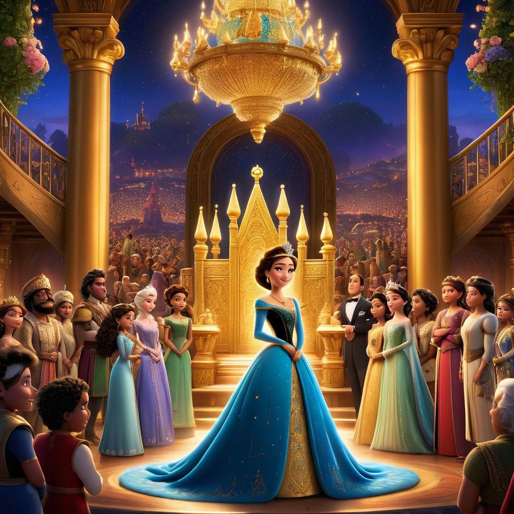  in 3d animated movie style. disney pixar style. laila, aged 10 12, exudes wisdom and determination, dressed in a regal gown befitting a young queen. advisors and subjects of various ages show admiration and respect towards her, while loyal friends stand beside her, embodying unwavering loyalty and camaraderie. the throne room glows with a rich blend of gold, blue, and green hues, lit warmly to create a regal and inviting ambiance. high resolution, pixar 3d animated film style with detailed lifelike textures portrays a royal setting rich in prosperity and wisdom. the scene is captured in a slightly elevated bird's eye view, focusing on laila's central presence, encircled by her devoted supporters, symbolizing her inclusive and compassionate 