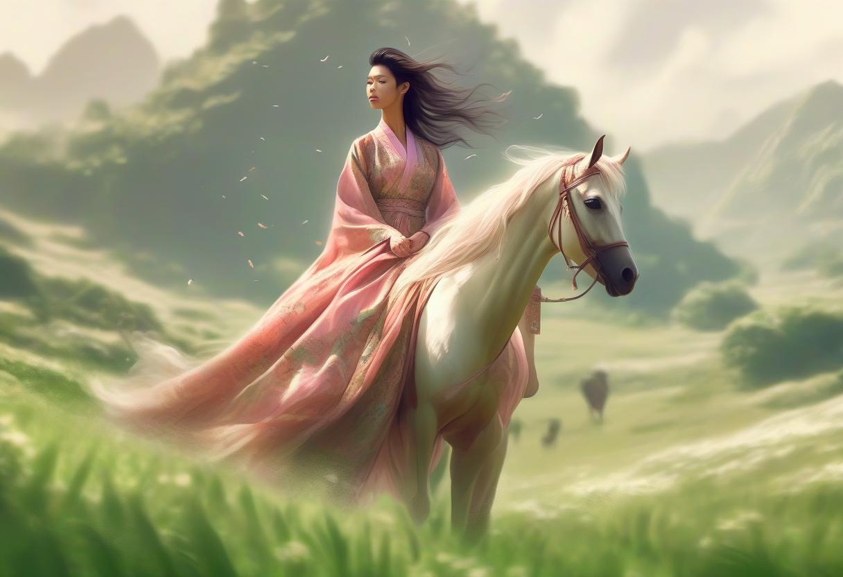  concept art girl rides horse in lush dress across field, asian woman . digital artwork, illustrative, painterly, matte painting, highly detailed