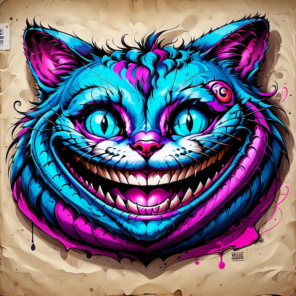  graffiti style cheshire cat smiles . street art, vibrant, urban, detailed, tag, mural, on parchment, t shirt design